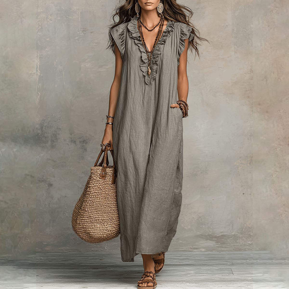 【S-3XL】Дамска рокля от памук и лен с бухнали ръкави и копчета