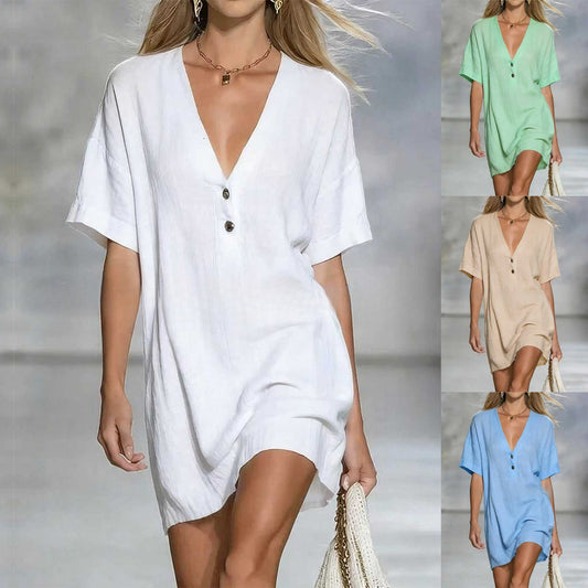 【S-3XL】Vestido de Algodón y Lino Estilo Minimalista: Diseño de Corte Holgado, Botones Elegantes y Transpirable
