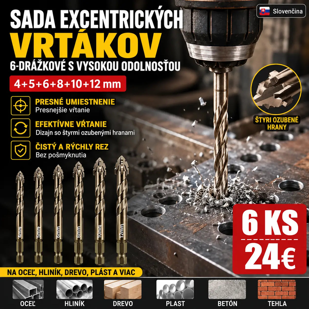 🛠🛠【6 KS 24 eur】【4+5+6+8+10+12 mm】Sada vysokopevnostných 6-drážkových excentrických vrtákov
