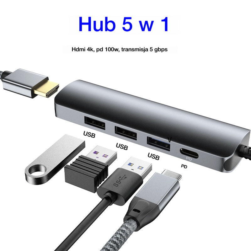 🔌✨ Przenośny hub USB-C 5-w-1, obsługuje wyjście HDMI 4K 🎥💻