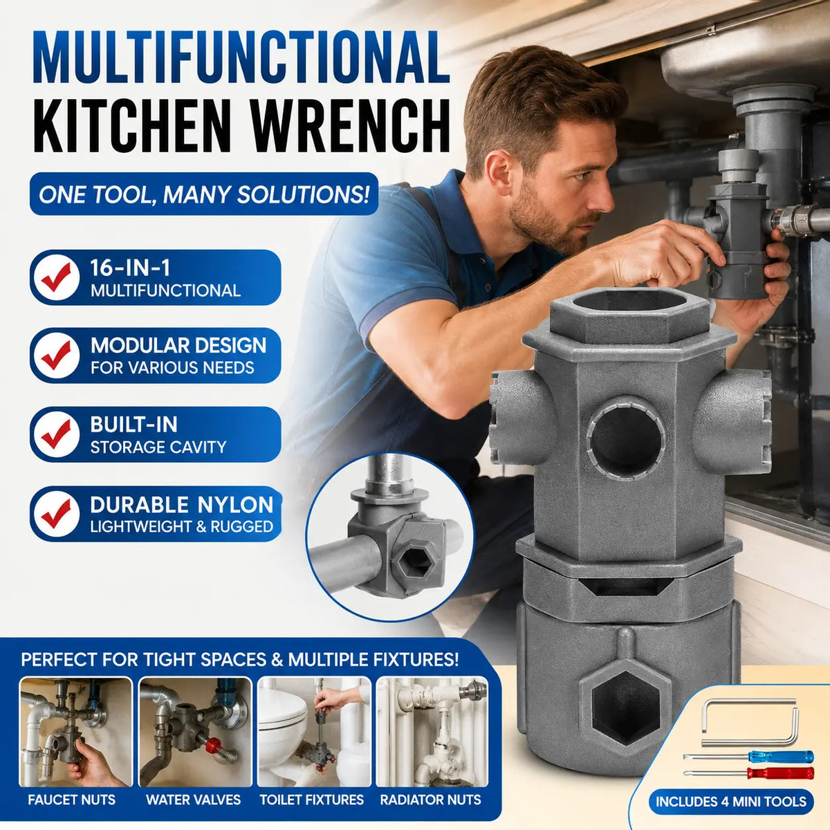 🔧Herramienta de desmontaje multifuncional diseñada específicamente para cartuchos de grifos de cocina y baño.