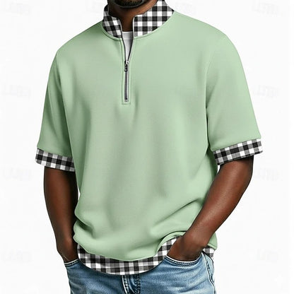 🔥😎【S-3XL】Polo de manga corta para hombre, algodón puro — Cuello con media cremallera, diseño de capas✨