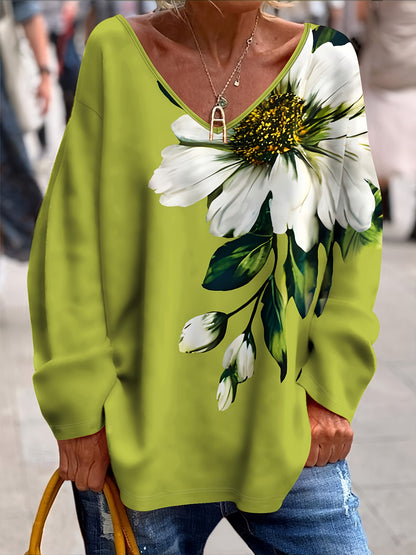 💐【S-2XL】Camiseta de moda para mujer con cuello en V y estampado floral de primavera y otoño