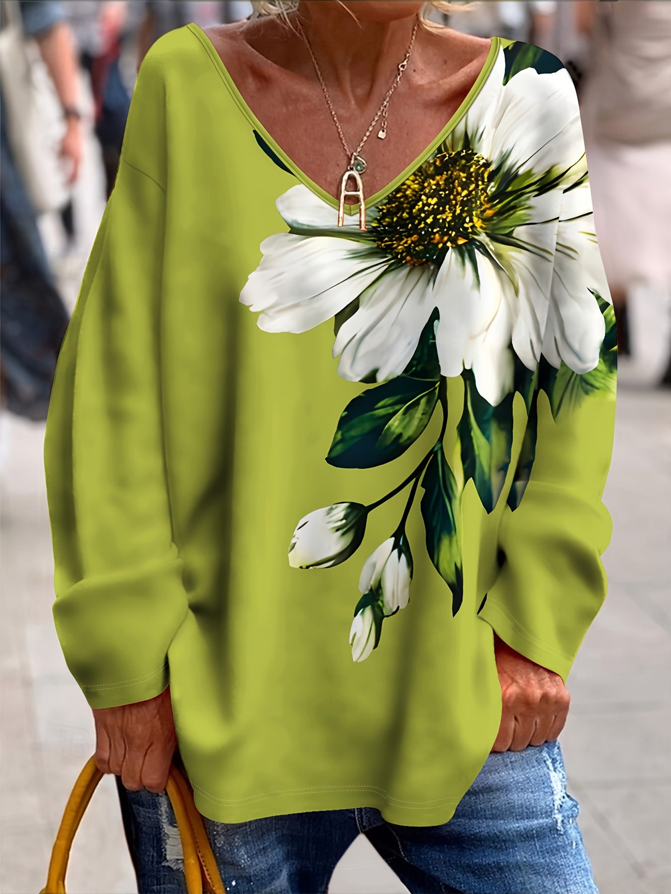 💐【S-2XL】Camiseta de moda para mujer con cuello en V y estampado floral de primavera y otoño