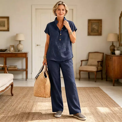 ✨ Conjunto de lino y algodón para mujer – Blusa de manga corta y pantalón de pata ancha, estilo casual y elegante de verano