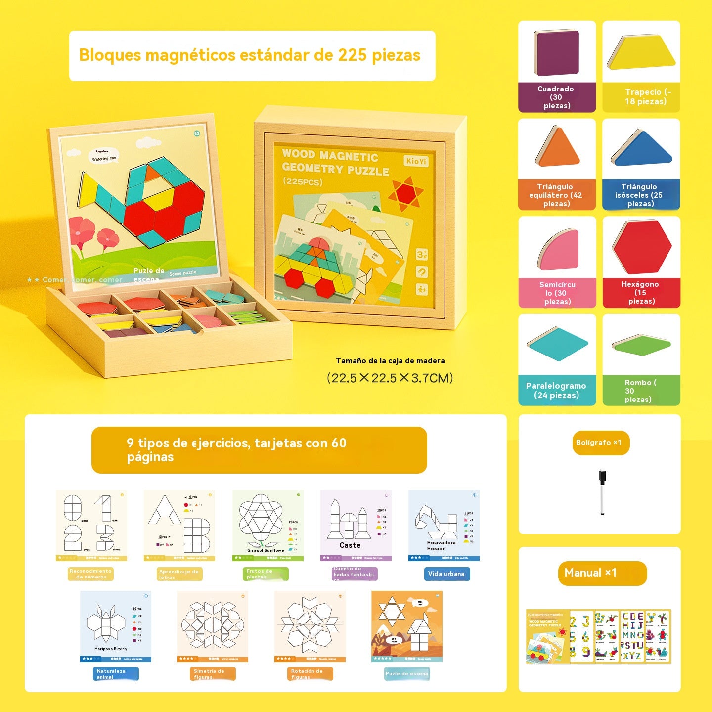 👶🌈🧩【225 piezas】🔥Juguete de rompecabezas tangram de madera magnético, entrenamiento cerebral y juguete educativo para niños, estimula el pensamiento