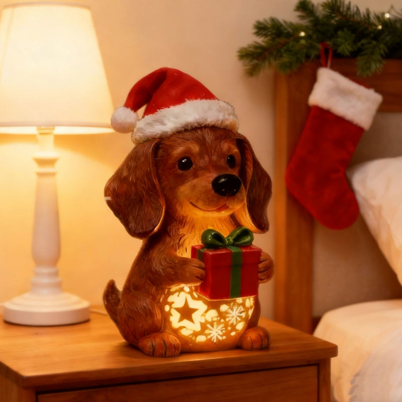 🎄🐶💡🔥Estatua de perro con luz navideña, adorno de gorro navideño, caja de regalo luminosa, regalo navideño de resina