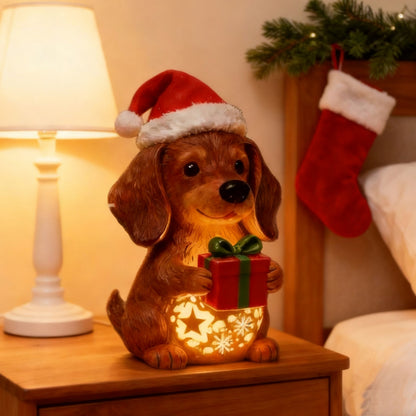 🎄🐶💡🔥Estatua de perro con luz navideña, adorno de gorro navideño, caja de regalo luminosa, regalo navideño de resina