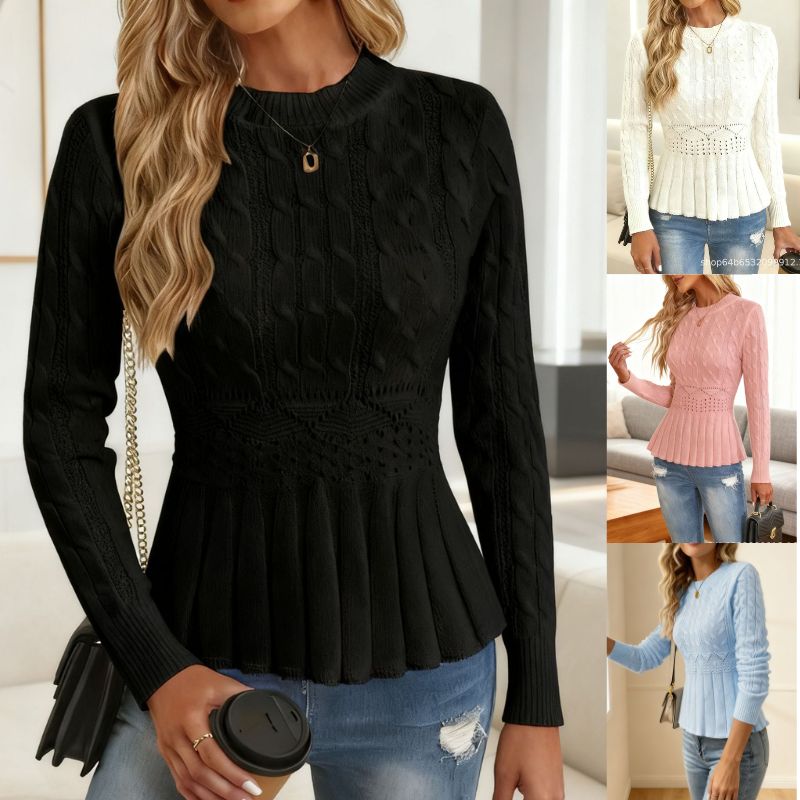 🔥Nový retro pletený sveter s okrúhlym výstrihom a dlhými rukávmi pre ženy - úzky pás, skladaný vrch