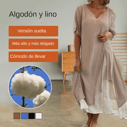 💐💐【S-4XL】Vestido de algodón de dos piezas irregular con cuello en V, vestido largo