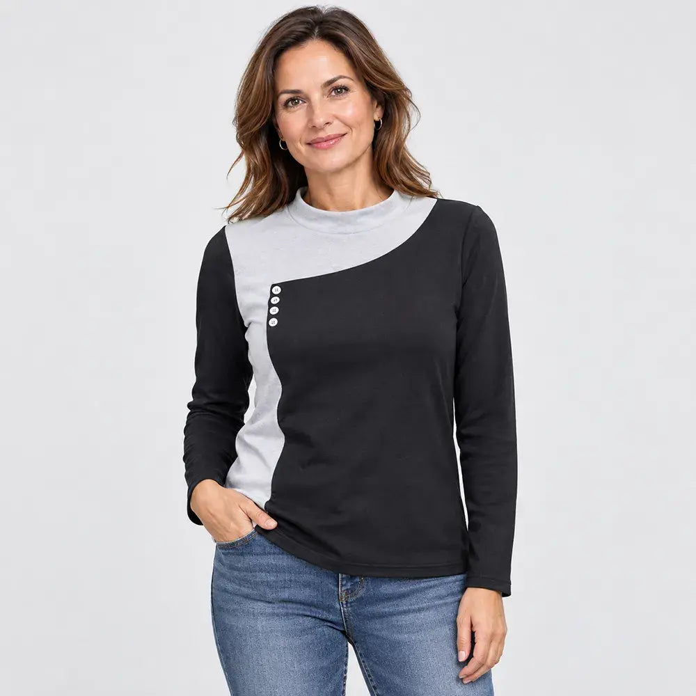 ✨【S-3XL / 4 boja】Bluza u kombinaciji boja s ovratnikom uz vrat i ukrasnim gumbima (lagani termo-flis materijal)