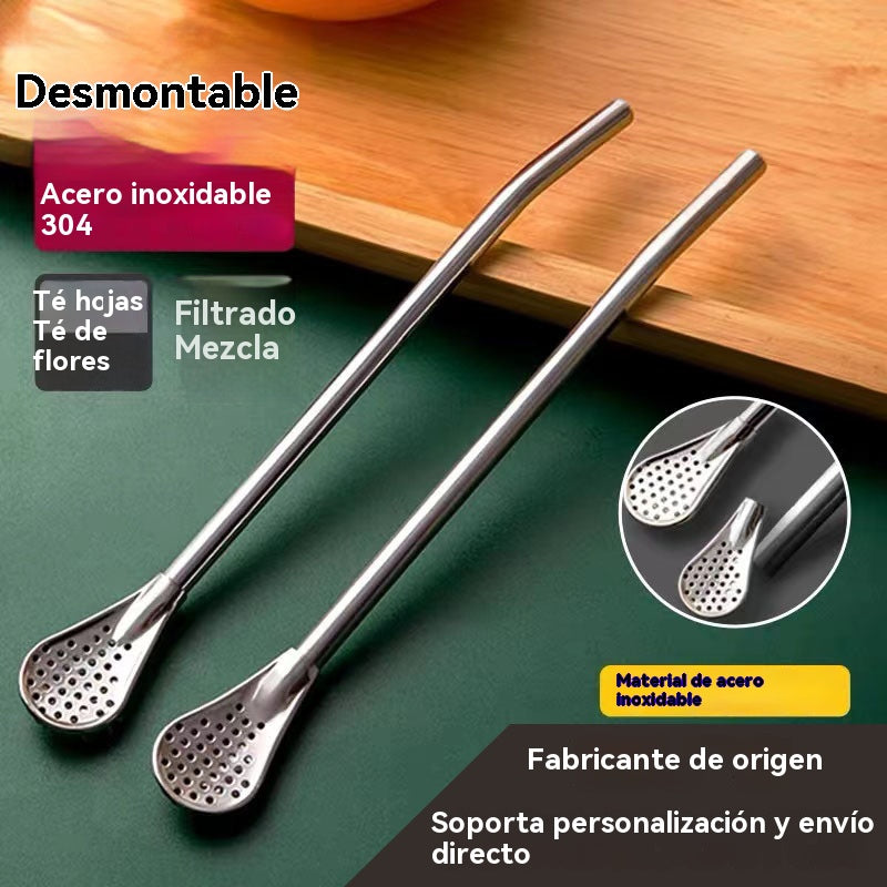 🥄☕Cuchara de paja de acero inoxidable 304 de doble uso, cuchara creativa para revolver café, filtro ecológico para té, leche y jugo