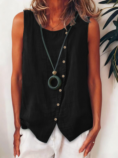 Blusa sin mangas elegante para mujer 2026 – Diseño suelto con botones y estilo casual chic