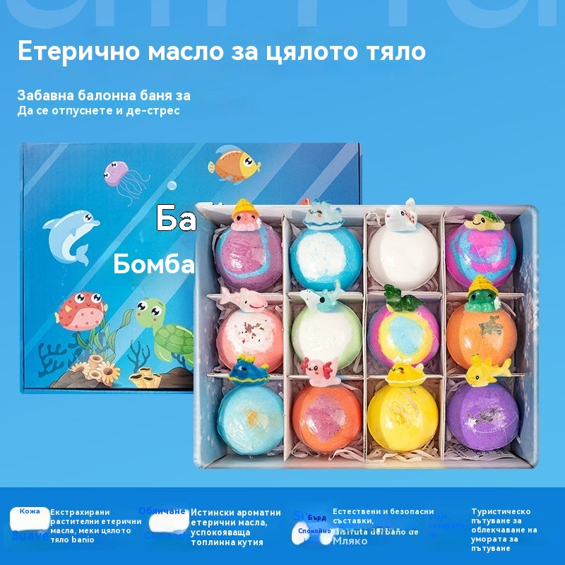 【12 броя 35 евро】Комплект от 12 топчета сол за вана във формата на морски животни (60 г всяка) за деца.