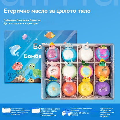 【12 броя 35 евро】Комплект от 12 топчета сол за вана във формата на морски животни (60 г всяка) за деца.