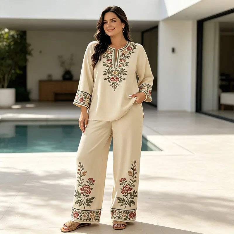 👒 Conjunto de Verano de Lino para Mujer de 2 Piezas: Blusa Holgada con Estampado Floral y Pantaloni Anchos – Tejido Suave, Transpirable y Respetuoso con la Piel 🌸✨