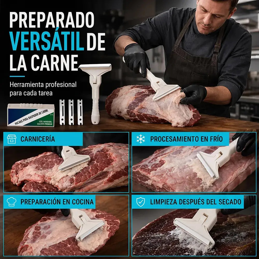 【2 mangos + 20 cuchillas】🥩🔥 Raspador de carne de acero inoxidable – Herramienta fácil de usar para eliminar grasa y fascia de ternera y cerdo 🔪✨