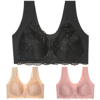 ✨【Conjunto de 3 piezas】Sujetador sexy de talla grande, sin aros y con cierre frontal, que luce un hermoso diseño en la espalda.