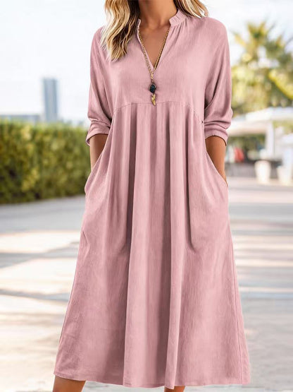 💃【50% zľava】👗2026 Nové módne retro šaty s výstrihom do V z bavlny a ľanu, vrecká a voľný, pohodlný strih.