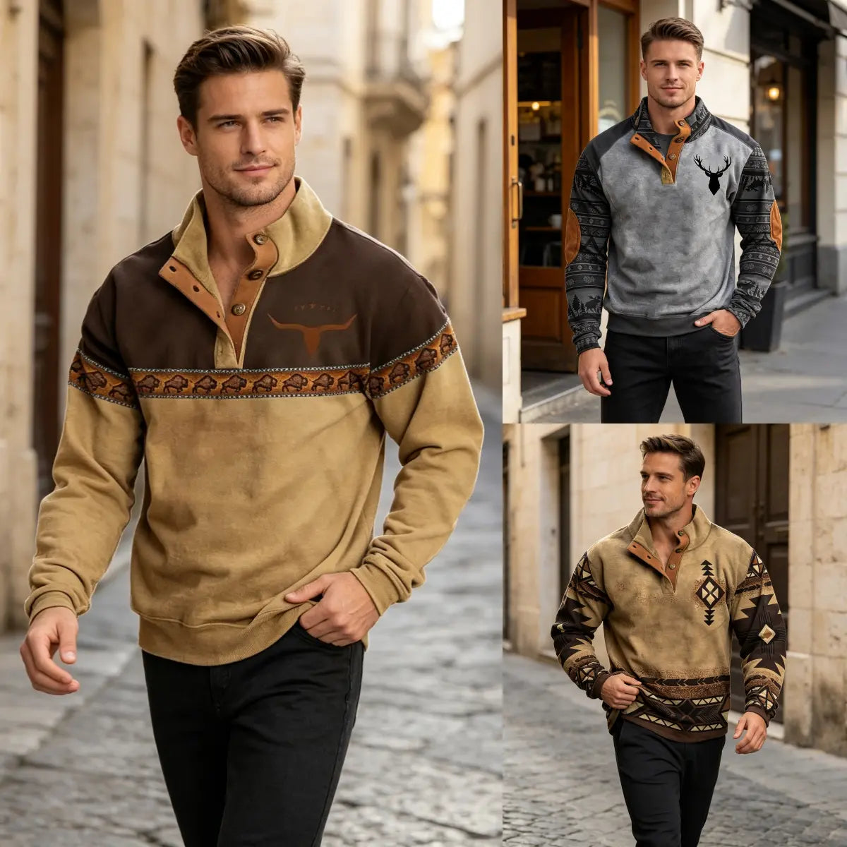 ⭐🔥【S-5XL】Camisa Henley retro para hombre con estampado digital 3D y corte holgado a la moda.