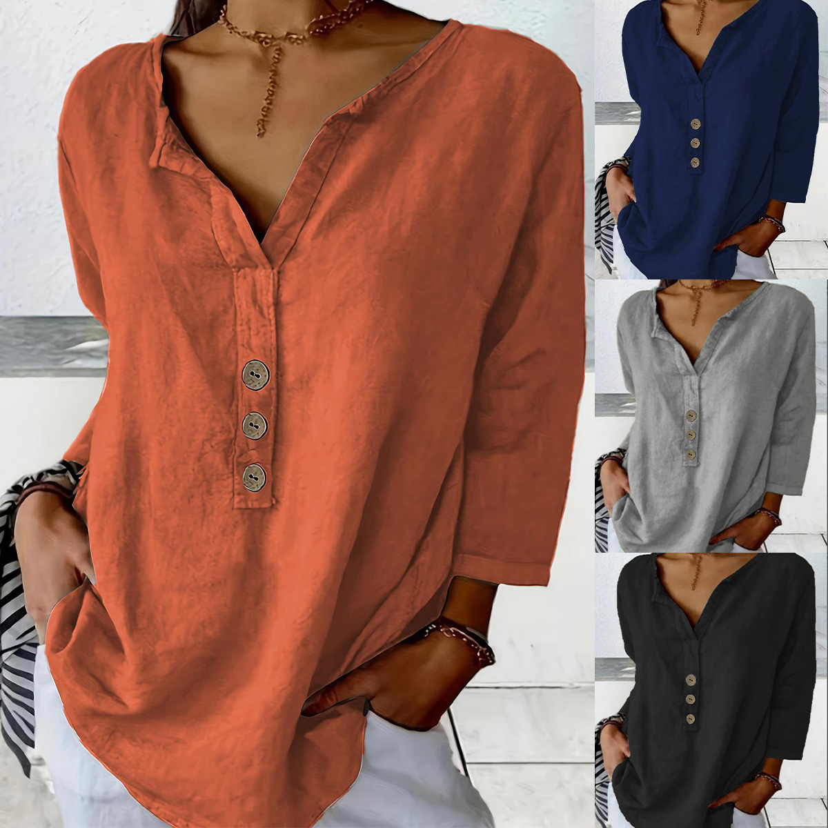 【-49% OFF】🔥Blusa de manga larga con cuello en V y botones, ideal para primavera, verano y otoño.【Pago contra entrega】