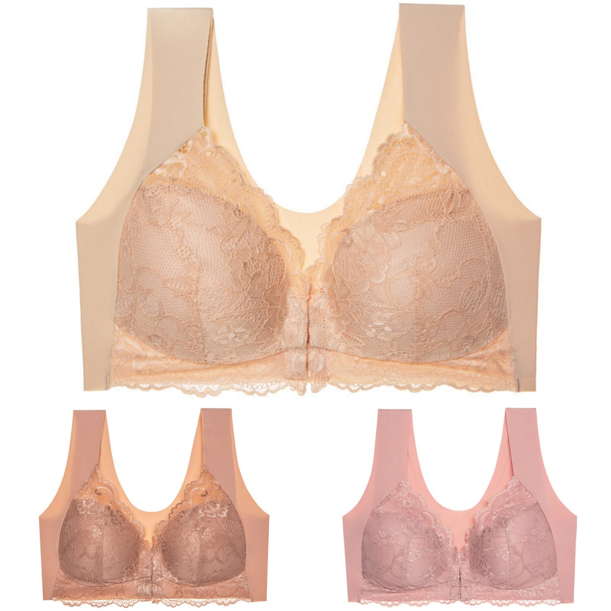 ✨【Conjunto de 3 piezas】Sujetador sexy de talla grande, sin aros y con cierre frontal, que luce un hermoso diseño en la espalda.