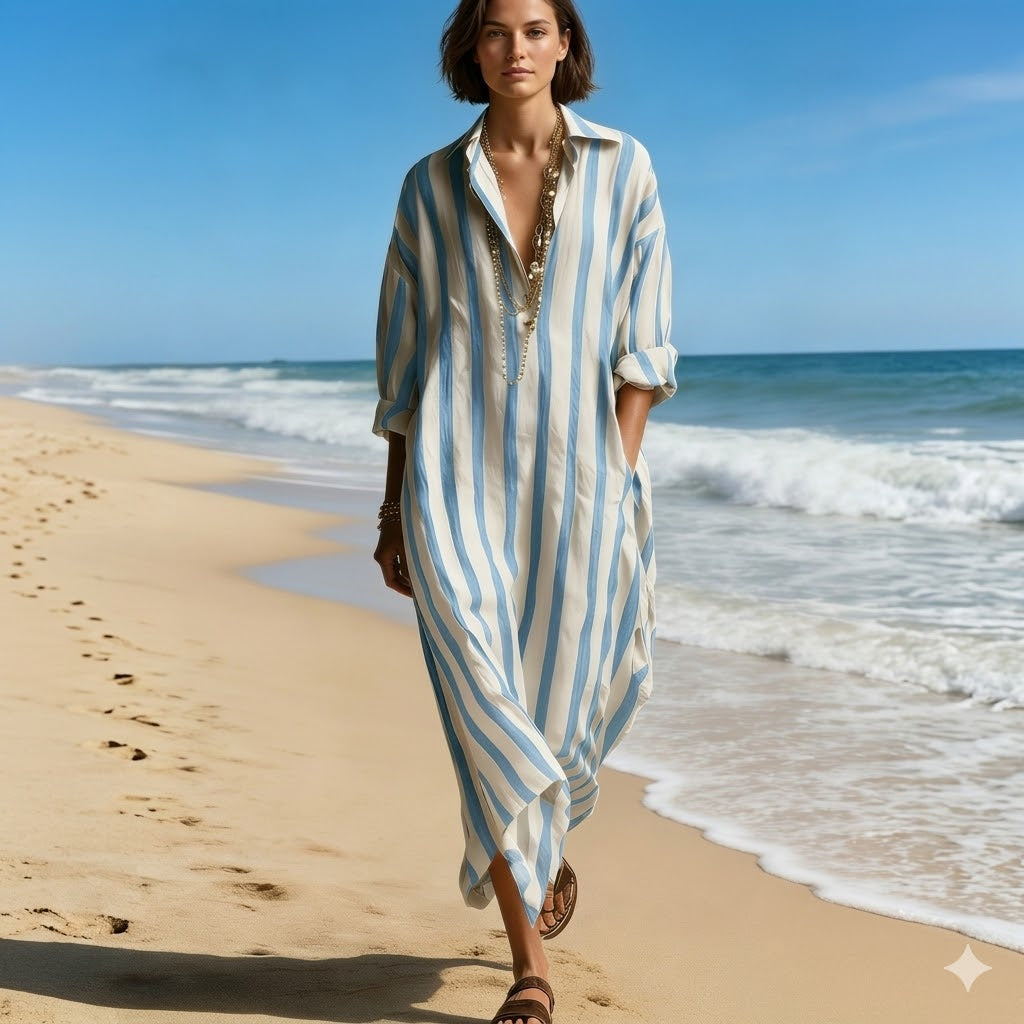 😍-50%🌴[S-3XL]Vestido camisero elegante de rayas sueltas con escote en V para mujer, ideal para el verano🌊