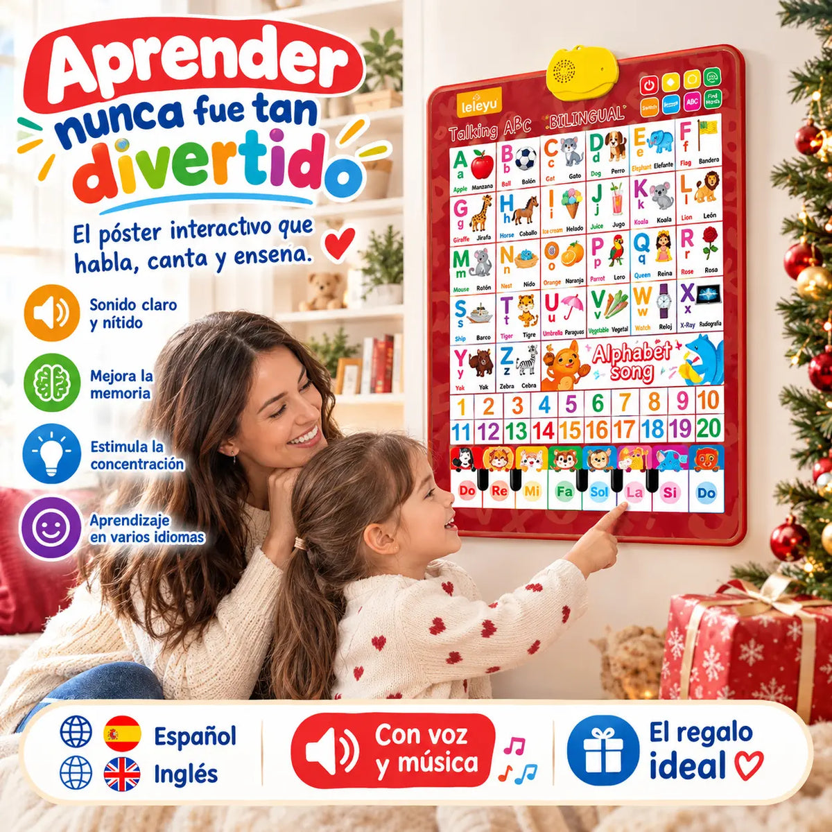🔊 Lámina Educativa Parlante Bilingüe Español-Inglés | Abecedario con Sonido 26/27 Letras | Set de Regalo de Lujo para Niños 🎁