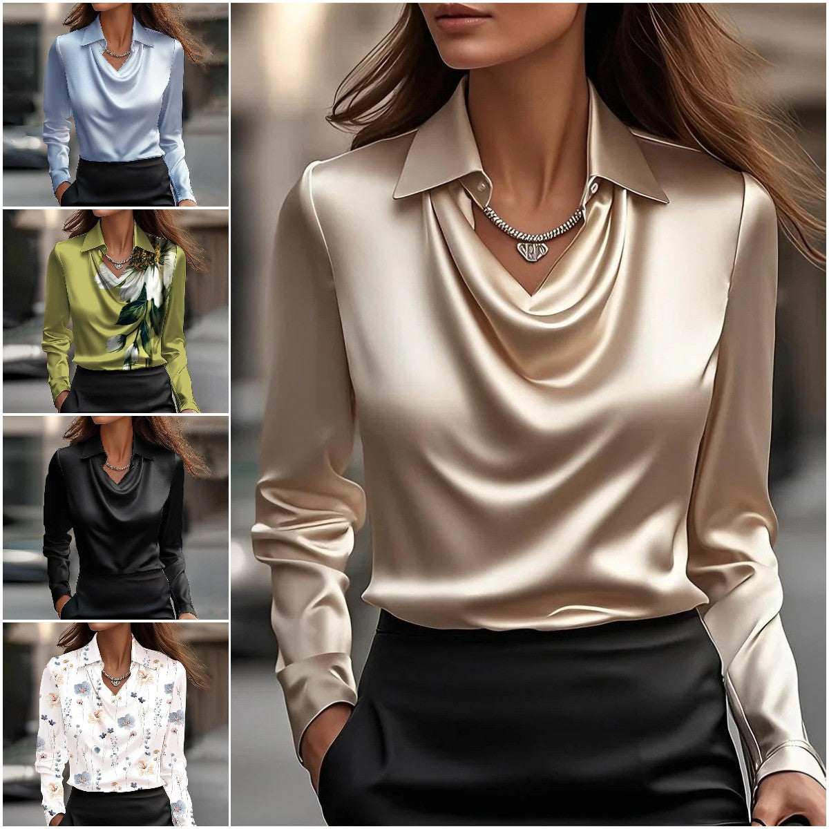 🔥【Nueva moda 2026】✨Camisa de solapa estampada de color sólido para mujer