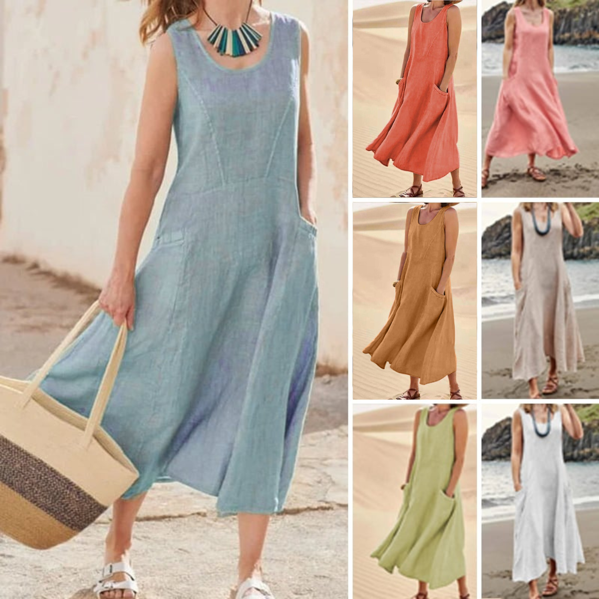 🌈👗【12 farieb, S-5XL】💖 Nové elegantné jednofarebné šaty bez rukávov s okrúhlym výstrihom z bavlny a ľanu na leto 2025.
