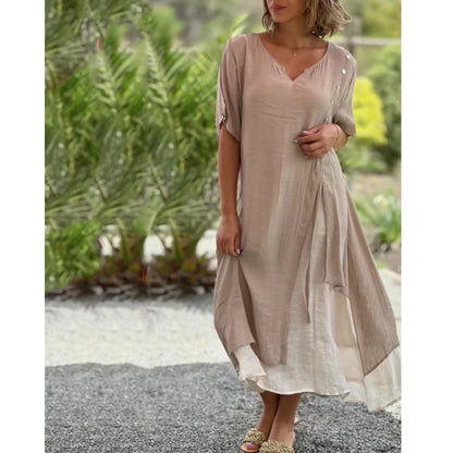 💐💐【S-4XL】Vestido de algodón de dos piezas irregular con cuello en V, vestido largo