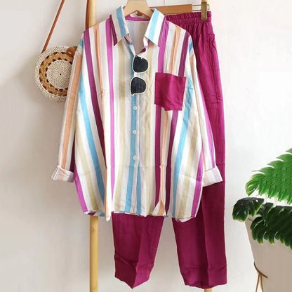 50% de descuento【S-5XL】Nuevo traje a rayas, elegante e informal, camiseta de manga larga + pantalón