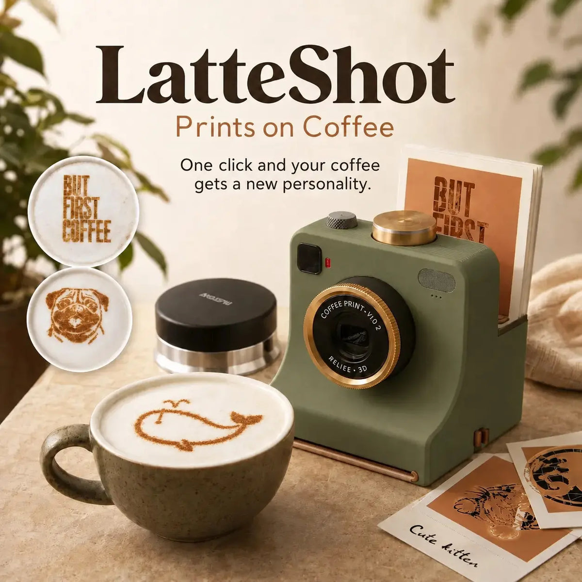 【 Incluye 12 tarjetas con diseños de un solo color, seleccionadas al azar. 】🔥 Cámara Retro para Latte Art — Impresora mecánica de plantillas para Latte Art