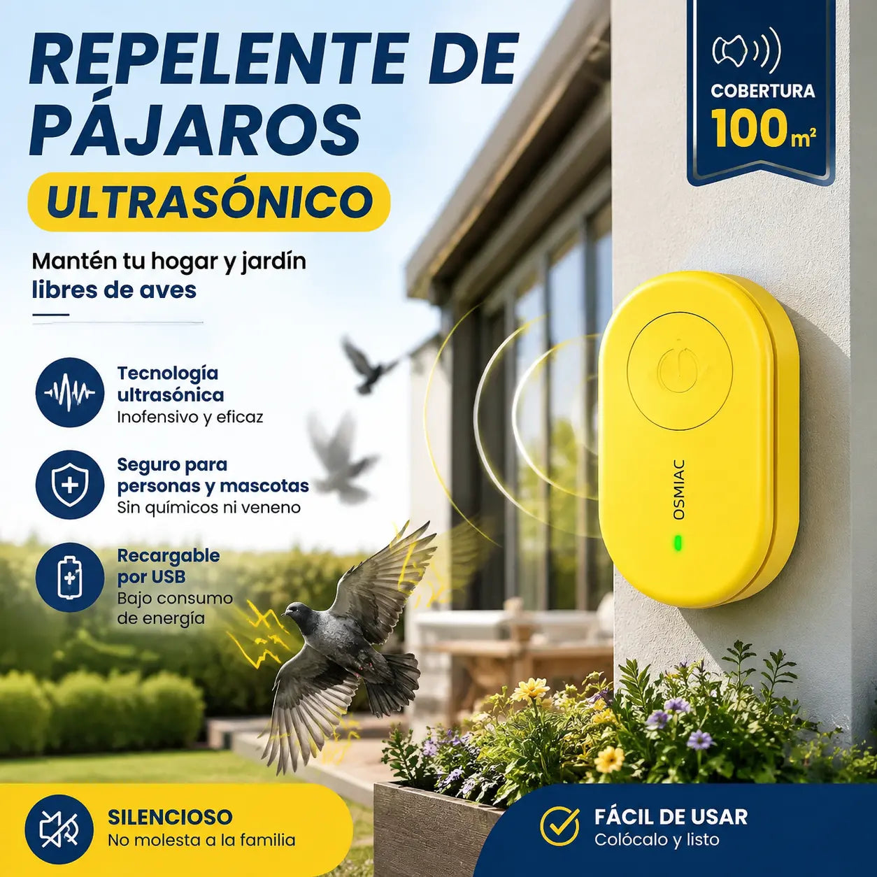 🐦 Repelente de pájaros ultrasónico portátil | Ahuyentador automático para palomas, ideal para balcones, jardines y exteriores