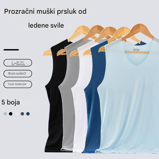 ❄️🆒【Kúpte 3 a získajte 2 zadarmo – spolu 5 ks🔥】【L–5XL】Letné pánske bezšvové tričko s lemom z ľadového hodvábu, úzky strih, väčšia veľkosť