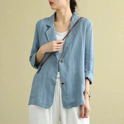 🔥Pago contra entrega✅️【40-90 kg】Camisa de traje casual de algodón y lino para mujer, diseño de cuello en V y botonadura simple