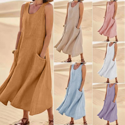 🌈👗【12 farieb, S-5XL】💖 Nové elegantné jednofarebné šaty bez rukávov s okrúhlym výstrihom z bavlny a ľanu na leto 2025.