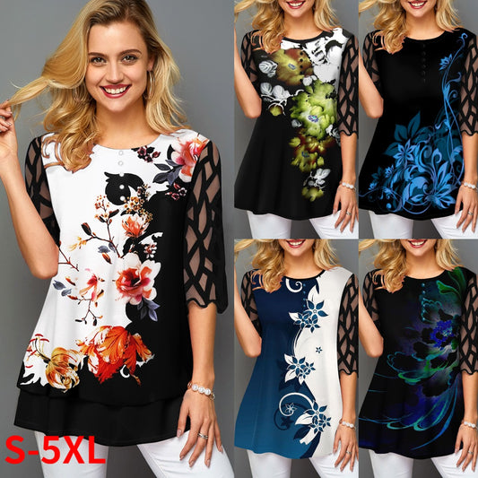 🌺👗【S-5XL】T -риза в големи размери с дантелен дизайн с разфасовки