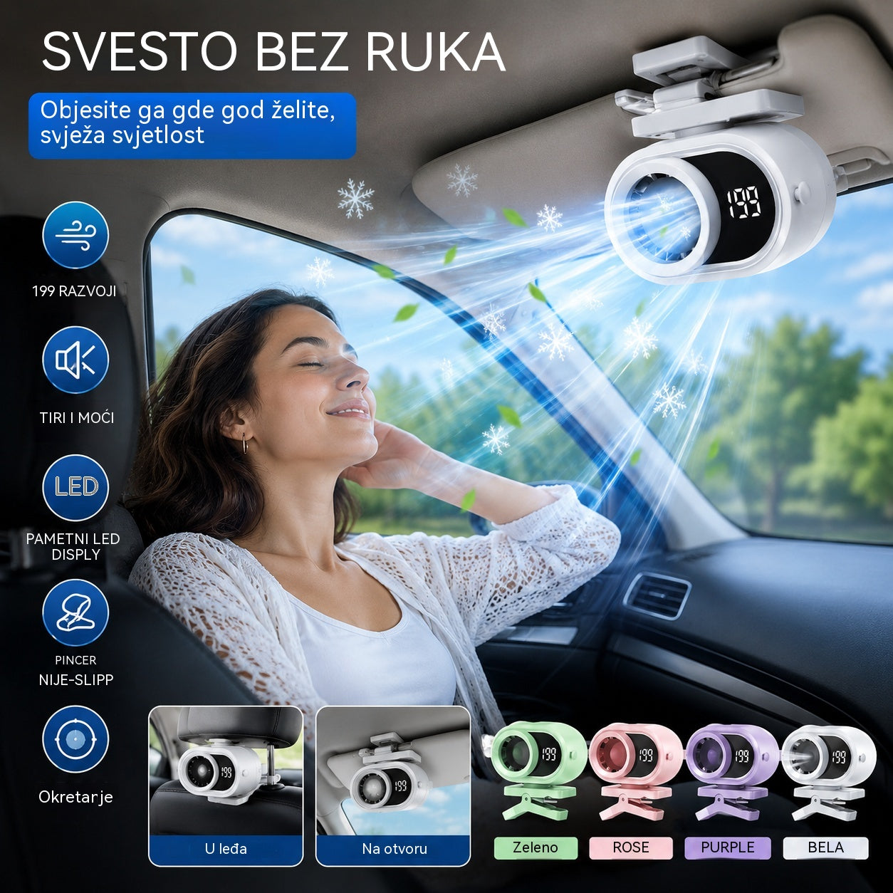 🌀 Ventilator bez upotrebe ruku s LED zaslonom, integriranom kopčom i 199 podesivih razina