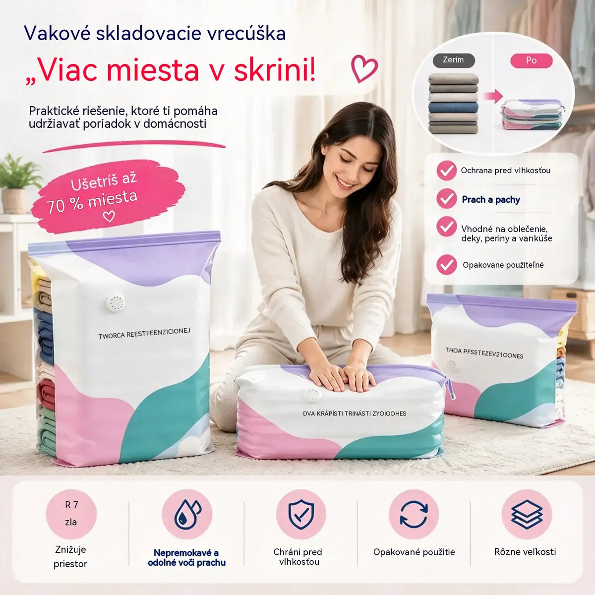 🧳 Balenie 5 kusov [Kúpte 3, získajte 2 ZDARMA] vákuových úložných vreciek na oblečenie – bez nutnosti použitia pumpy – veľké priestorovo úsporné vrecká na organizáciu šatníka, cestovanie a sťahovanie