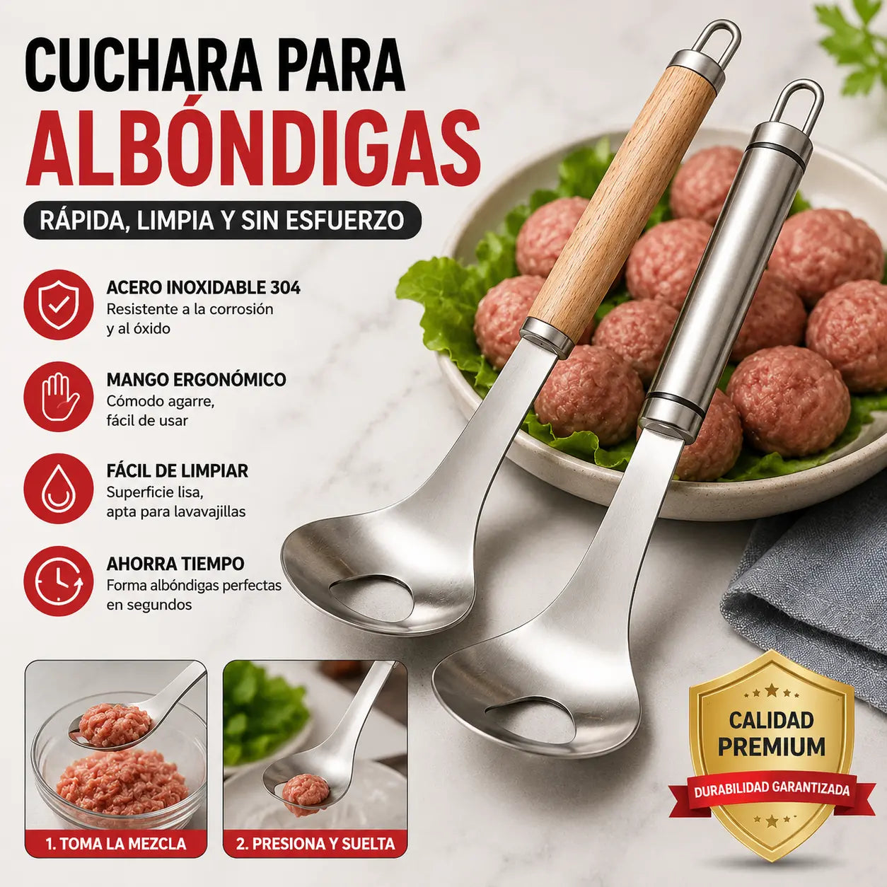🍖 【2 piezas】Molde para albóndigas de acero inoxidable 304 – ideal para hacer albóndigas de carne y de pescado, perfecto para cocinar en casa 🥄