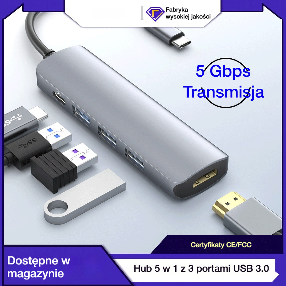 🔌✨ Przenośny hub USB-C 5-w-1, obsługuje wyjście HDMI 4K 🎥💻