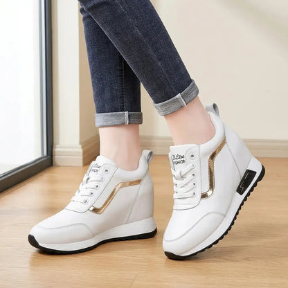 👠Zapatillas de plataforma para mujer con cuña oculta - Zapatos casuales de cuero estilo coreano - Suela gruesa, calzado deportivo cómodo