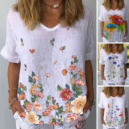 🔥【S-5XL】🌈Camiseta de manga corta de lino y algodón con estampado floral💐