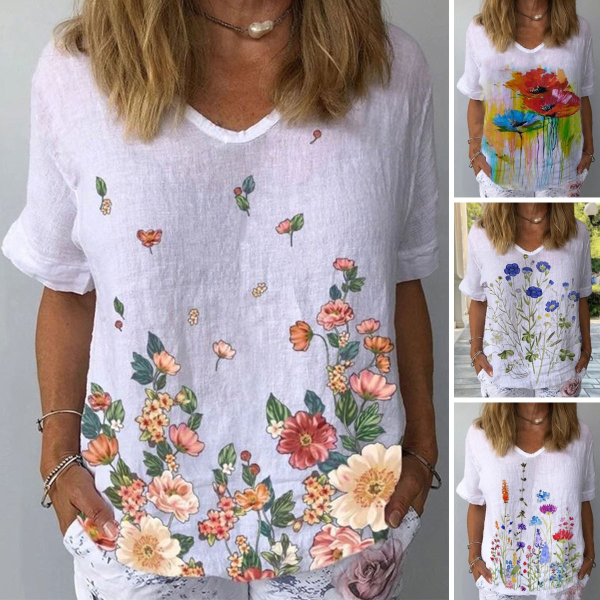 🔥【S-5XL】🌈Camiseta de manga corta de lino y algodón con estampado floral💐