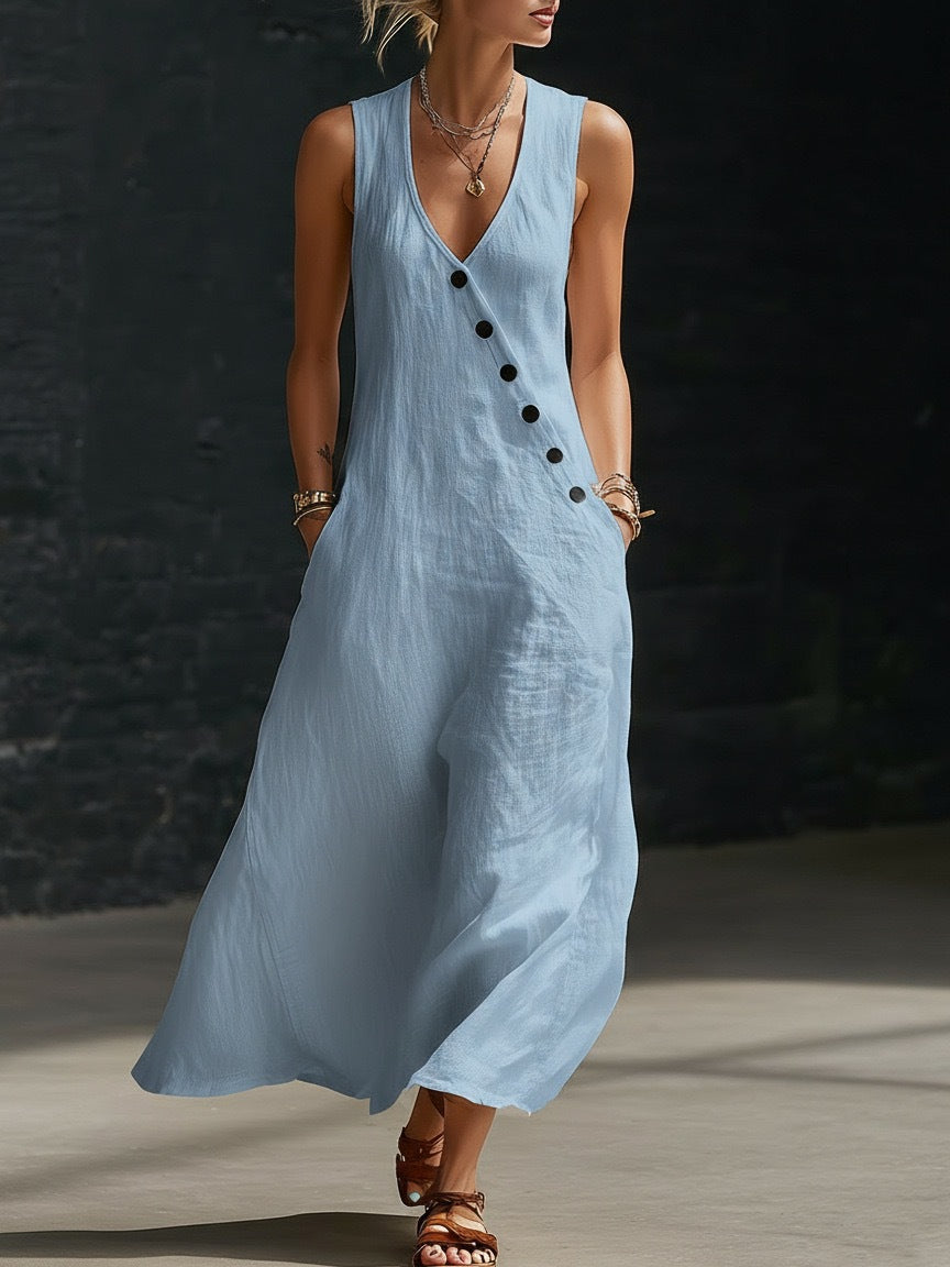 ✨【S-3XL】Vestido cómodo de algodón y lino para mujer, sin mangas, con botones.
