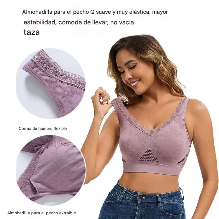 😍🧊[Paquete de 3] ❤️Talla grande 40-120 kg✨Sujetador de encaje sin aros para mujer, alta sujeción