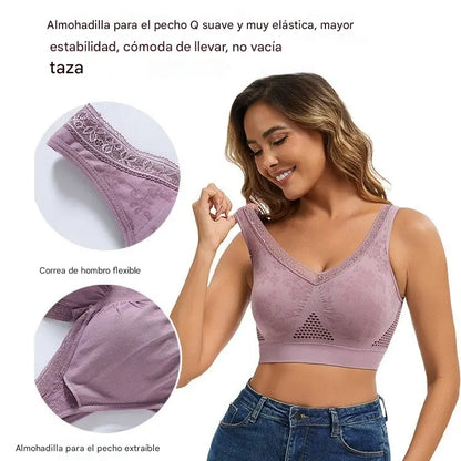 😍🧊[Paquete de 3] ❤️Talla grande 40-120 kg✨Sujetador de encaje sin aros para mujer, alta sujeción