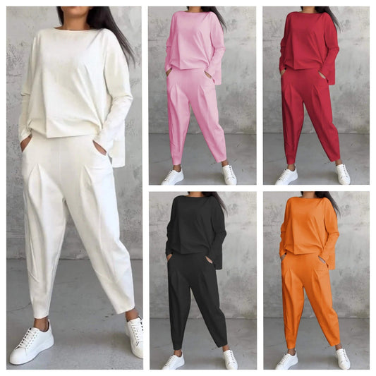 💥Cumpără 1, primești 1 gratuit 💖Set din două piese cu mânecă lungă și pantaloni cu decolteu rotund 