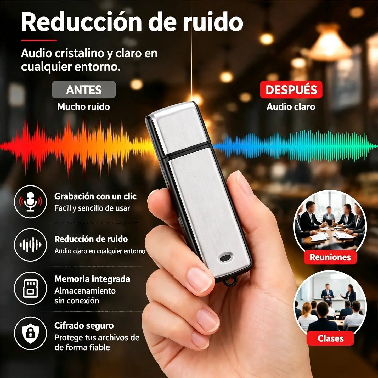 【8/16GB】Grabadora de voz USB portátil de alta resolución con reducción de ruido